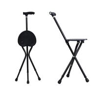 Folding Cane with Seat, Height-Adjustable Walking Cane for Seniors Balance Supports Up to 440 Pounds, Alloy Cane Chair with LED Light,Anti-Slip,for Elderly Men, Disabled (Black)