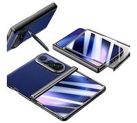 Folding Case for Huawei Pura X Max, Leather Cover with Tempered Glass Film, Protective Shell Lens Bracket Vacuum Electroplate Frame (Blue,HD Film,Plated Frame)
