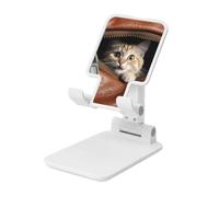 Folding Cell Phone Stand for Desk - Height Adjustable Cell Phone Holder Portable Cellphone Cradle for Office Cat peeks out of zippered leather pocket Phone Stand Desktop Tablet Stand/ipad Stand, White