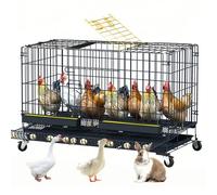 Folding Chicken Cage with Pull-Out Trays Feeding Troughs and Egg Tray, Metal Duck House with Wheels, Rabbit cage with front top door for Easy Cleaning Poultry Pet House (black, 60 x 42 x 50cm)