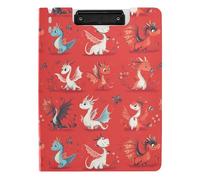 Folding Clipboard A4 Clipboard Folio Double Metal Clips Pen Holder Office Clip Board with Hard Cover Cartoon Cute Dragon Red