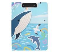 Folding Clipboard Blue Whale Cartoon Waves A4 Clipboard Binder Two Metal Clips Pen Holder Office Clip Board with Cover