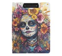 Folding Clipboard Dia De Los Muertos Mexican Sugar Skull Flower A4 Clipboard Folio Binder Double Metal Clips Pen Holder Office Clip Board with Cover