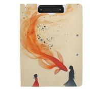 Folding Clipboard Girls and Elegant Red Fish Childlike Wonder A4 Clipboard Folio Double Metal Clips Pen Holder Office Clip Board with Cover