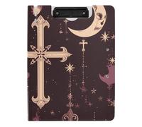 Folding Clipboard Gothic Darkness Moon Cross Purple A4 Clipboard with Padfolio Double Metal Clips Pen Holder School Clip Board with Cover