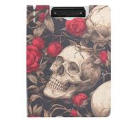 Folding Clipboard Human Skulls Red Rose Gothic Style A4 Clipboard Padfolio Double Clips Pen Holder School Clip Board with Cover