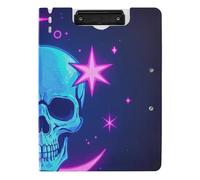 Folding Clipboard Neon Colored Stars Moons and Skeletons A4 Clipboard Folio Binder Two Metal Clips Pen Holder Office Clip Board with Cover