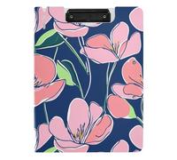 Folding Clipboard Pink Flowers Green Leaves Royal Blue Background A4 Clipboard Folio Double Clips Pen Holder Nursing Clip Board with Cover