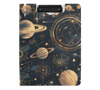 Folding Clipboard Unique Planet Stars Black and Gold Simple Line A4 Clipboard Binderfolio Double Metal Clips Pen Holder School Clip Board with Cover