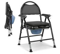 Folding Commode Chair for Elderly, Height Adjustable 300kg Carbon Steel Toilet Chair with Extra Cushion, Bucket, Cover, Brush, Portable Bedside Shower Chair for Disabled Bedroom Bathroom