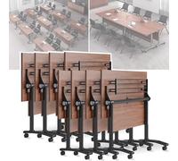 Folding Conference Table 61in Rectangular Banquet Table for Meetings Mobile Flip Top Wood Training Table Modern Classroom Furniture Set of 8 pcs
