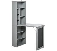 HOMCOM Computer Desk Fold-Out Blackboard, Grey | Space Saving Study Table, Floating Writing Desk, Adjustable Shelf, 9 Open Compartments, for Small Space