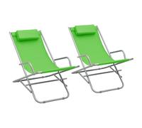 Folding Deck Chairs 2pc Green Powder-Coated Steel PVC 69x61x94cm Padded Recliner