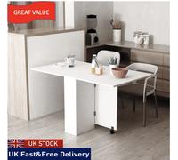 Folding Desk Mobile Drop Leaf Dining Table Wheel Storage Shelves White Kitchen