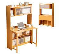 Folding Desk with Bookshelf, Compact Writing Computer Desk for Home Office, Bamboo Wooden Workstation for Study and Student Workspace