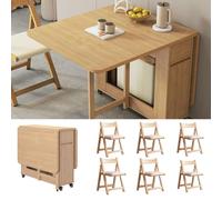 Folding Dining Table Set, Wooden Extendable Dining Table with Storage and Wheels, Saving Spaces Multifunctional Foldable Kitchen Tables for Compact Apartment(1 * 4 table set)