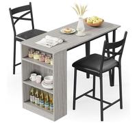 Folding Dining Table with Bar Stools, Flip-Top Extension, and Side Shelves for Kitchen Breakfast Nook
