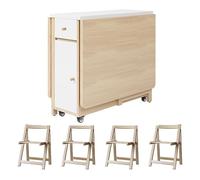 Folding Expandable Dining Table,size:1.2/1.5m, Solid Wood Dining Seat: 2-4pcs, Height 74cm, Width 80cm, 360° Universal Wheel,for Small Home/Studio/Dining Room,1.5m+4Chair,C