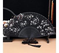 Folding Fan Handheld, 2Pcs Hand Fans Classical Cherry Blossoms Black Silk Folding Fans Black Bone Bamboo Fans With Tassel Chinese Fan For Dancing Wedding Home Deco