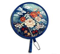 Folding Fan, Japanese Style Round Handheld Fan, Portable Mini Flower Pattern With Pocket Collapsible Fan Summer Travel(Dark Blue)