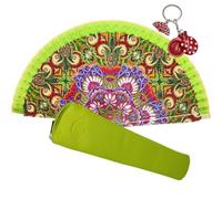 Folding Fan Pack 22 cm with Printed Design + Leather Cover with Zip + Flamingo Key Ring (Green)