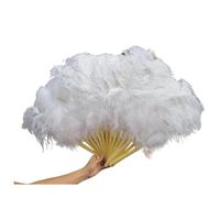 Folding Feather Fan, Big Red Ostrich Feathers Fan with Bamboo Staves for Belly Dance Halloween Party Ornament Decor Necessary, 13 Bones(White)