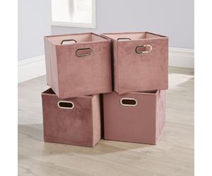 Folding Flat Velvet Blush Square Storage Utility Box Fabric Cube 4pc Basket Set
