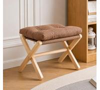 Folding Foot Stool Ottoman Bamboo Padded Footrest for Living Room (Brown)