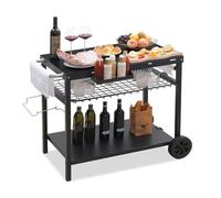 Folding Grill Truck Table With Double-Shelf, Movable BBQ Truck Spacious Tabletop Grill Stand Grill Dining Cart