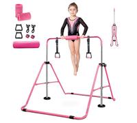 Folding Gymnastics Bar With Rings, Folding Horizontal Bar, Adjustable Height Folding Horizontal Bar, Gymnastics Equipment for Home Garden, Expandable Gymnastics Training Bar for Kids Girls (Pink)