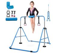 Folding Gymnastics Bar With Rings, Folding Horizontal Bar, Adjustable Height Folding Horizontal Bar, Gymnastics Equipment for Home Garden, Expandable Gymnastics Training Bar for Kids Girls (Blue)