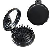 Folding Hair Brush with Mirror,Round Mini Compact Massage Comb for Purse/Pocket,Travel Size for Girls and Women - Black