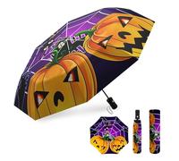 Folding Halloween Spider Pumpkin Umbrella Automatic Compact Travel Inverted Umbrellas for Rain Windproof Portable Open Close Auto Sunshade Goth Parasol Umbrella for Sun UV Protection
