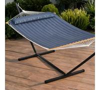 Folding Hammock with Stand Cushion, T-Frame, Outdoor, Dark Gray | Polyester quilted cushion · 365×140cm space · Iron frame + wood bar · Net bag storage
