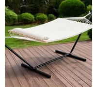 Folding Hammock with Stand Cushion, T-Frame, Outdoor, Off White | Polyester quilted cushion · 365×140cm space · Iron frame + wood bar · Net bag storage