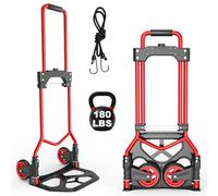 Folding Hand Truck Dolly Cart, 180LBS Portable Aluminum Hand Truck Foldable with Telescoping Handle and Elastic Cord for Luggage, Boxes, Functionality Foldable Dolly for Home, Moving, Black Red