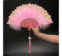 Folding Handheld Feather Fan, With Pendant, 25x45cm, Multicolor For Wedding Party Decoration(Pink With Pendant)