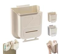 Folding Hanging Kitchen Waste Trash Can, Space-Saving Collapsible Easy Mount White ABS Plastic Hanging Garbage Can, Under Sink Counter for Kitchen Bathroom Bedroom Laundry Room (Beige 10L)