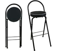 Folding High Bar Stool 26"-30" with Back Support & Footrest, Round Padded Seat for Kitchen, Office, Party - Portable Black Chair, 70cm/28inch, Space-Saving Design