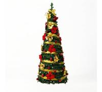 Folding Holiday Tree Artificial PVC Christmas Tree with Golden Ribbon Garlands Red Globe Ornaments Pre Decorated Tabletop Display Suitable for Living, 180cm Tree Height 70cm Tree Width