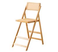 Folding Kitchen Breakfast Stool - Solid Wood Tall Chair with Rattan Cushion & Backrest Adjustable Height 22/27 inch 240lb Capacity Space-Saving Design