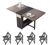 Folding Kitchen Dining Table Set with 4 Chairs & 2 Drawers Extendable Versatile Design Space-Saving for Living Room & Home Office Grey 150cm