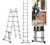 Folding Ladder Stainless Steel Telescopic Ladder 6.2ft+6.2ft Extendable Loft Ladder 330LB Capacity, Lightweight Multipurpose Extension Attic Ladder A-Frame for Indoors & Outdoors, Easy to Carry
