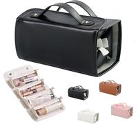Folding Leather Waterproof Cosmetic Bag, 4 in 1 Travel Toiletry Bag, Portable Travel Makeup Bag, Portable PU Women Ladies Beauty Bag, Hanging Makeup Bag, Flat Lay Travel Makeup Bag Black