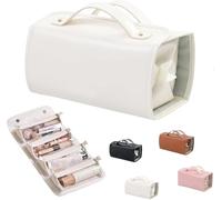 Folding Leather Waterproof Cosmetic Bag, 4 in 1 Travel Toiletry Bag, Portable Travel Makeup Bag, Portable PU Women Ladies Beauty Bag, Hanging Makeup Bag, Flat Lay Travel Makeup Bag White