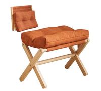 Folding Leg Rest Footrest Wooden Garden Footstool with Removable Cotton Linen Cushion, Foot Rest for Sofa, Living Room or Outdoor (Orange)