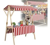 Folding Market Stall With Canopy, Portable Wooden Vendor Cart, Adjustable Outdoor Pop Up Booth For Farmers Market, Craft Shows, Flea Market, Street Vending, Food Stall(Red)