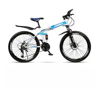 Folding Mountain Bike Bicycle 26 Inch Adult with 21/24/27/30 Speed Dual Disc Brakes Full Suspension Non-Slip Men Women Outdoor Cycling,Blue,21 Speed