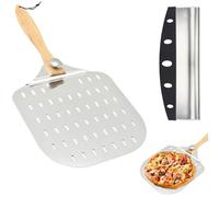 Folding Perforated Pizza Peel 12 Inch, Aluminum Metal Pizza Paddle Set, Pizzas Oven Accessories Foldable Wood Handle and Pizzaes Cutter, Pizzas Turning Peel for Homemade Pizzaes, Bread, Pie