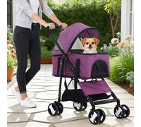 Folding Pet Stroller Dog Cat Stroller with Detachable Carrier Storage Basket, 3 in 1 Lightweight Waterproof Travel Stroller(Purple)